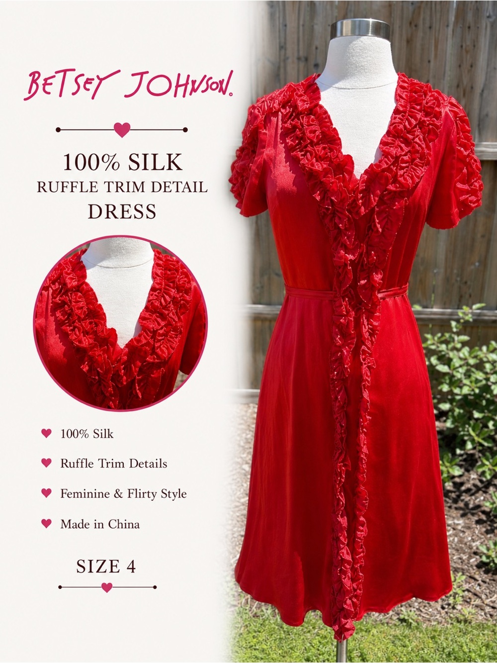 Vintage Y2K Betsey Johnson Red 100% Silk Ruffle Dress Size 4